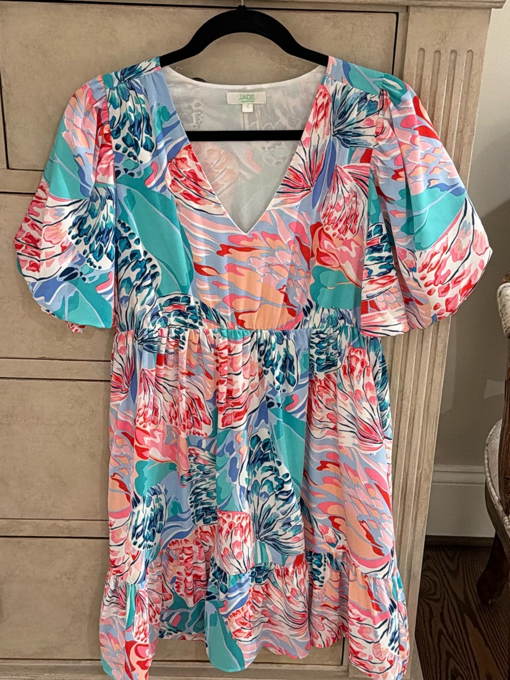 Jade V-Neck Floral Tiered Dress in Aqua, Coral & Pink